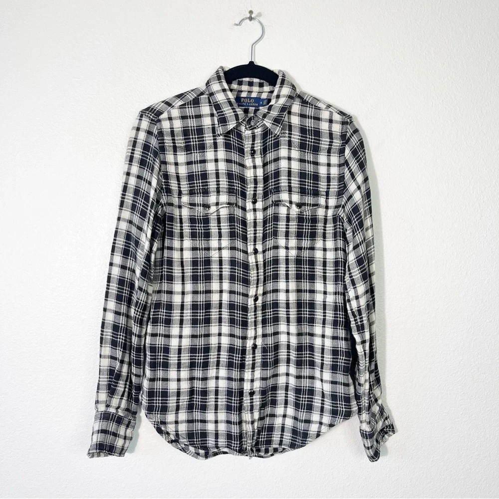 Polo Ralph Lauren Flannel Shirt Size 4 Black Plaid Western Country Pearl Snap